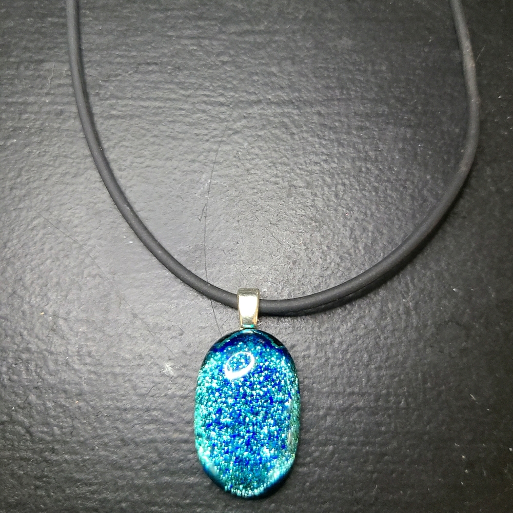 Blue stone pendant with rubber necklace